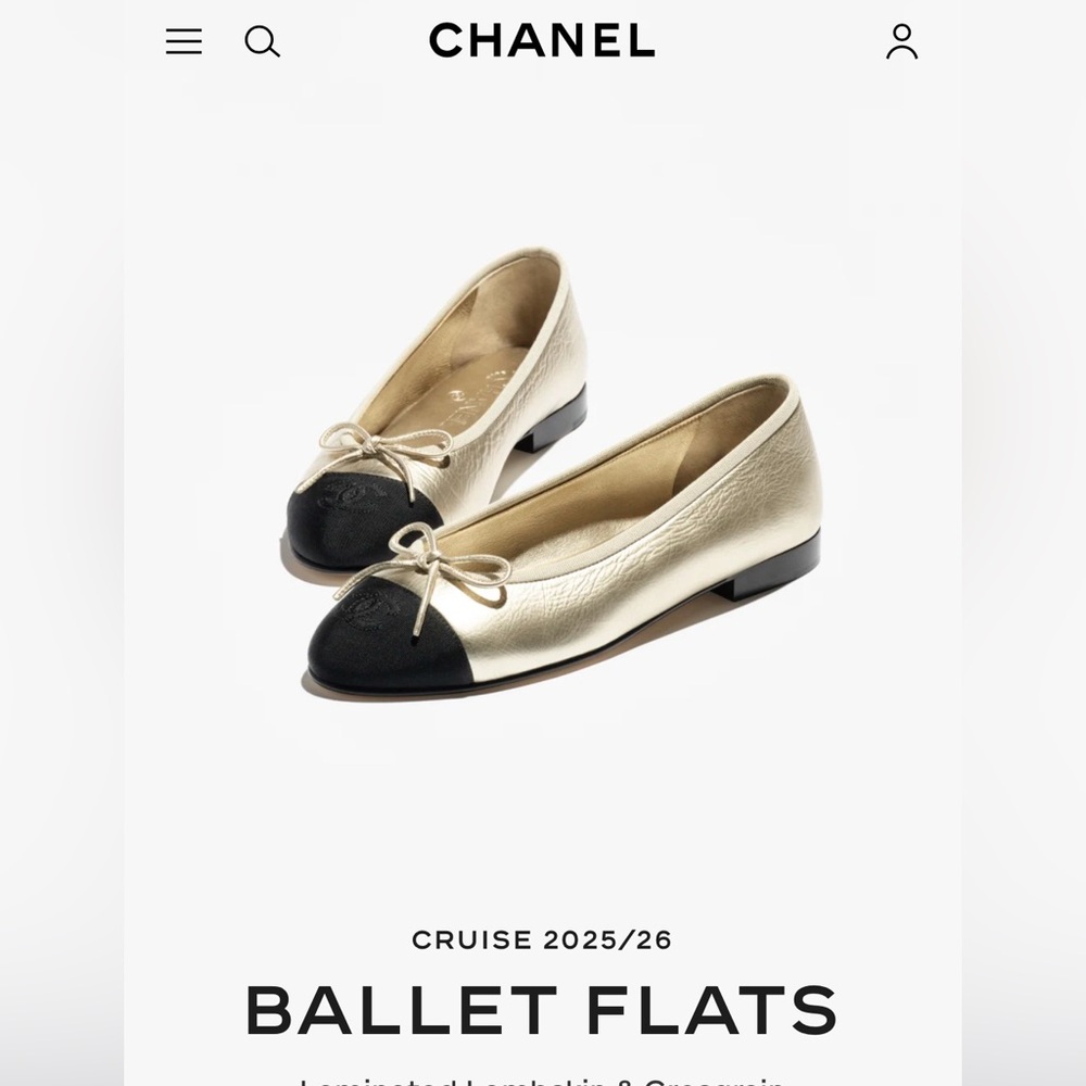 CHANEL Laminated Lambskin Gold and Black Ballet Flats